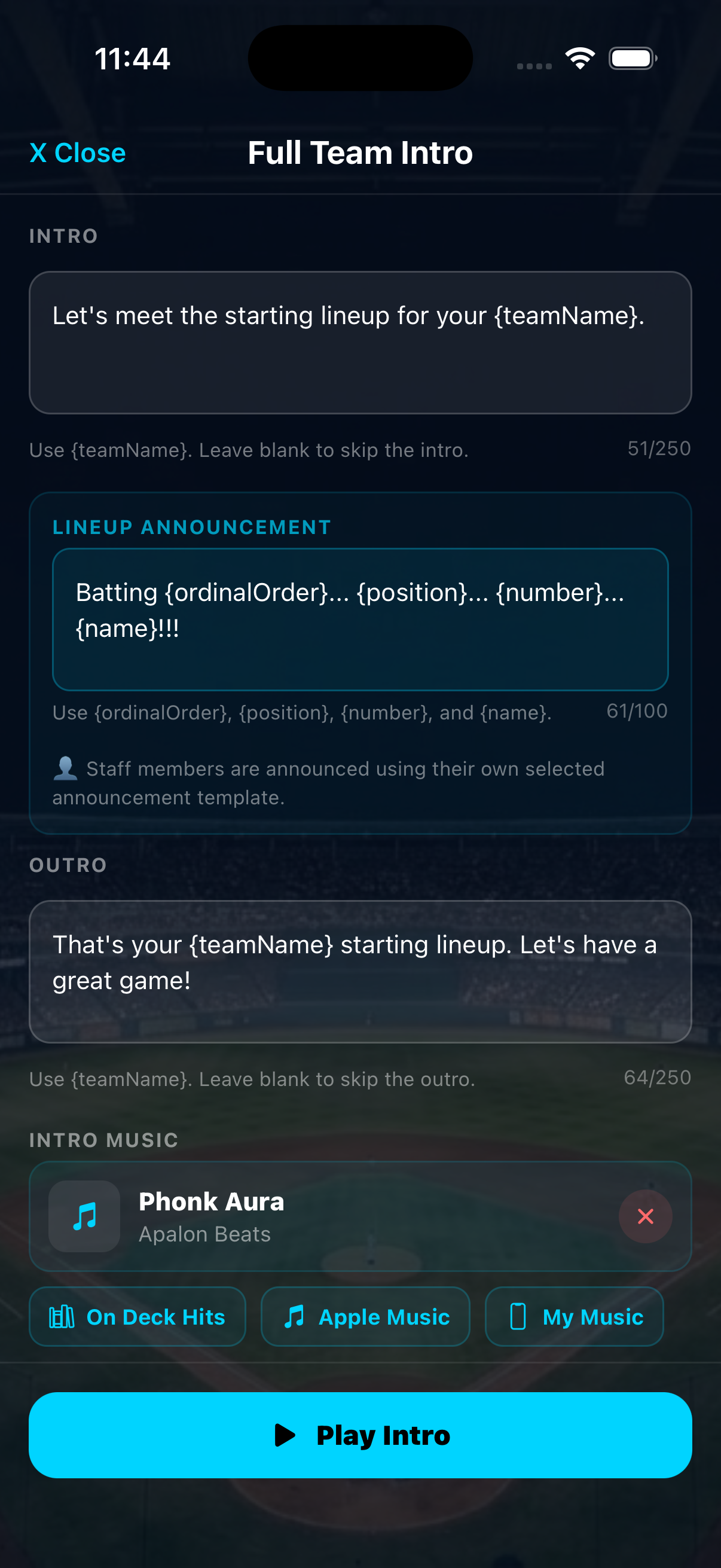 Full Team Intro screen showing customizable intro script, lineup announcement template, and outro