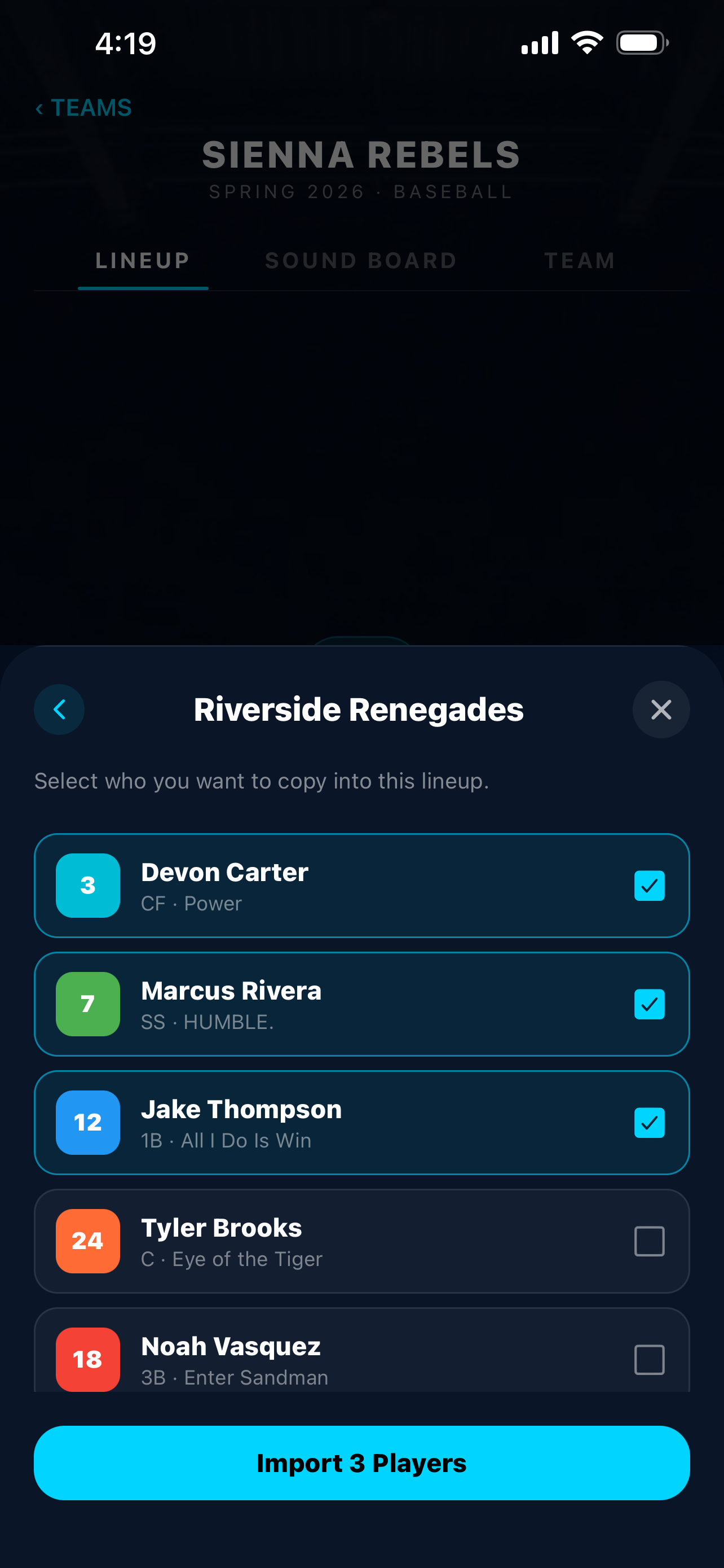 Player selection screen showing individual players being picked for import